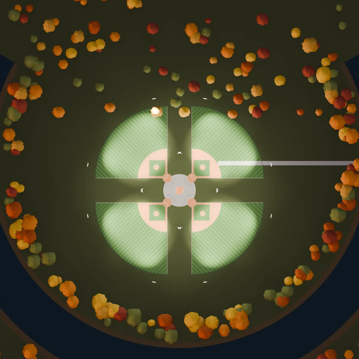 Top-down view of four diamonds around a central plaza (render)