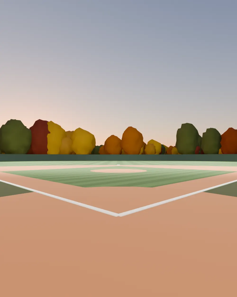 View from behind home plate down a chalked baseline toward autumn trees at dusk (render)